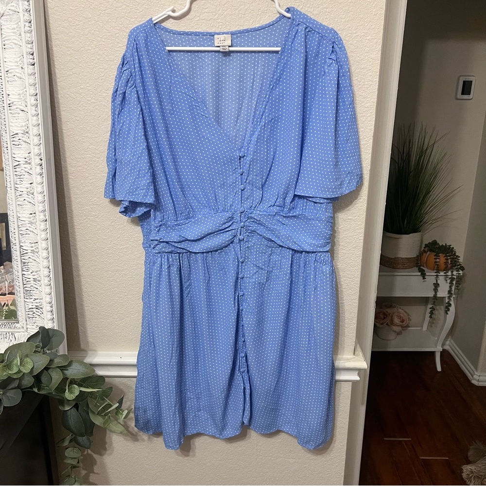 A New Day XXL Woman's Dress Front Button Short Sleeve V Neck Blue White dots - Picture 4 of 11